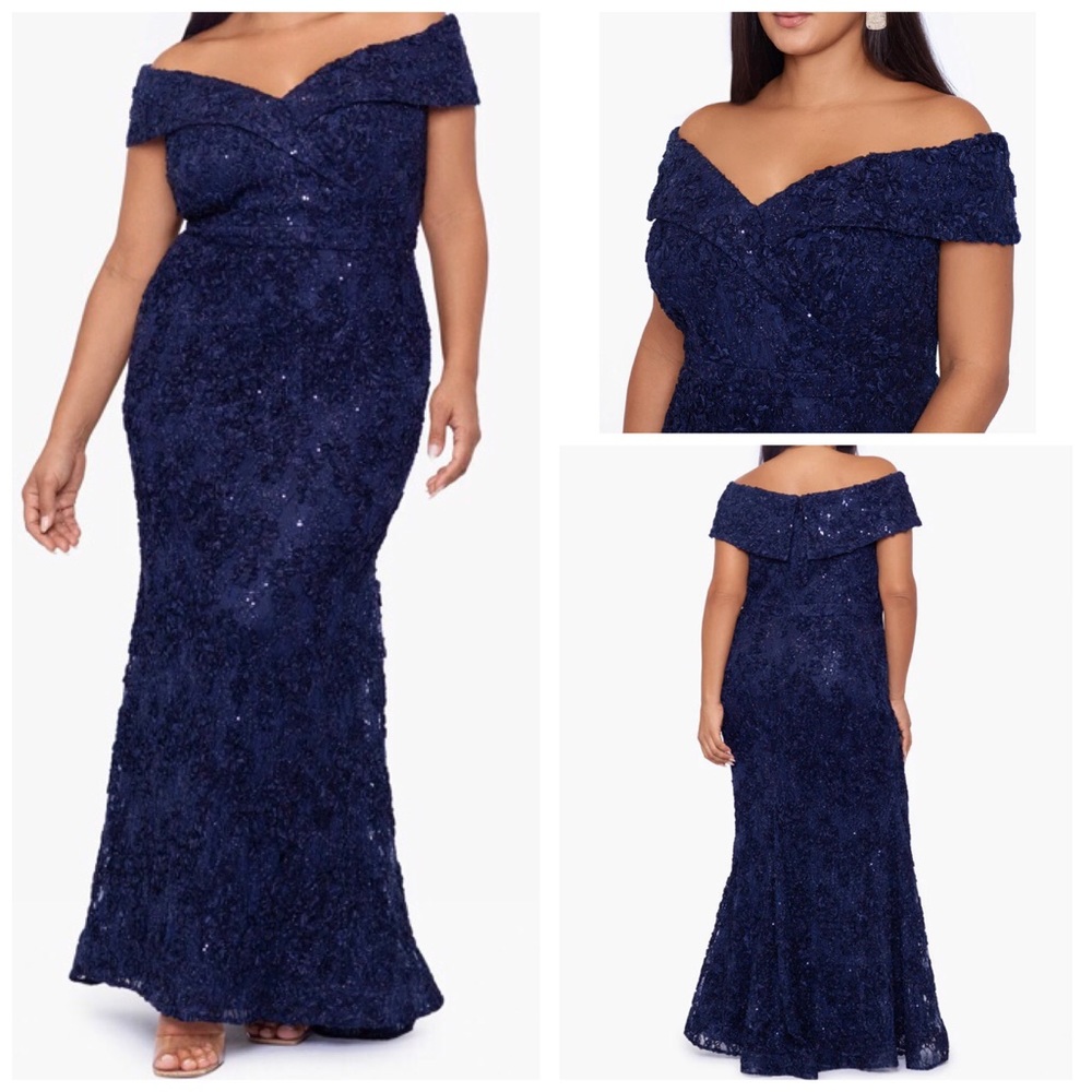 NWT Xscape Navy Jill, Off the Shoulder Long Lace Dress 14W